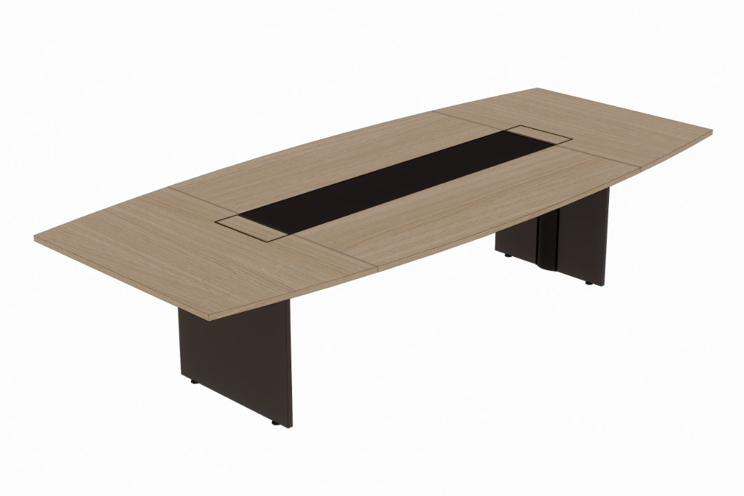 Mesa de reunião formato canoa com detalhe em vidro Versatile